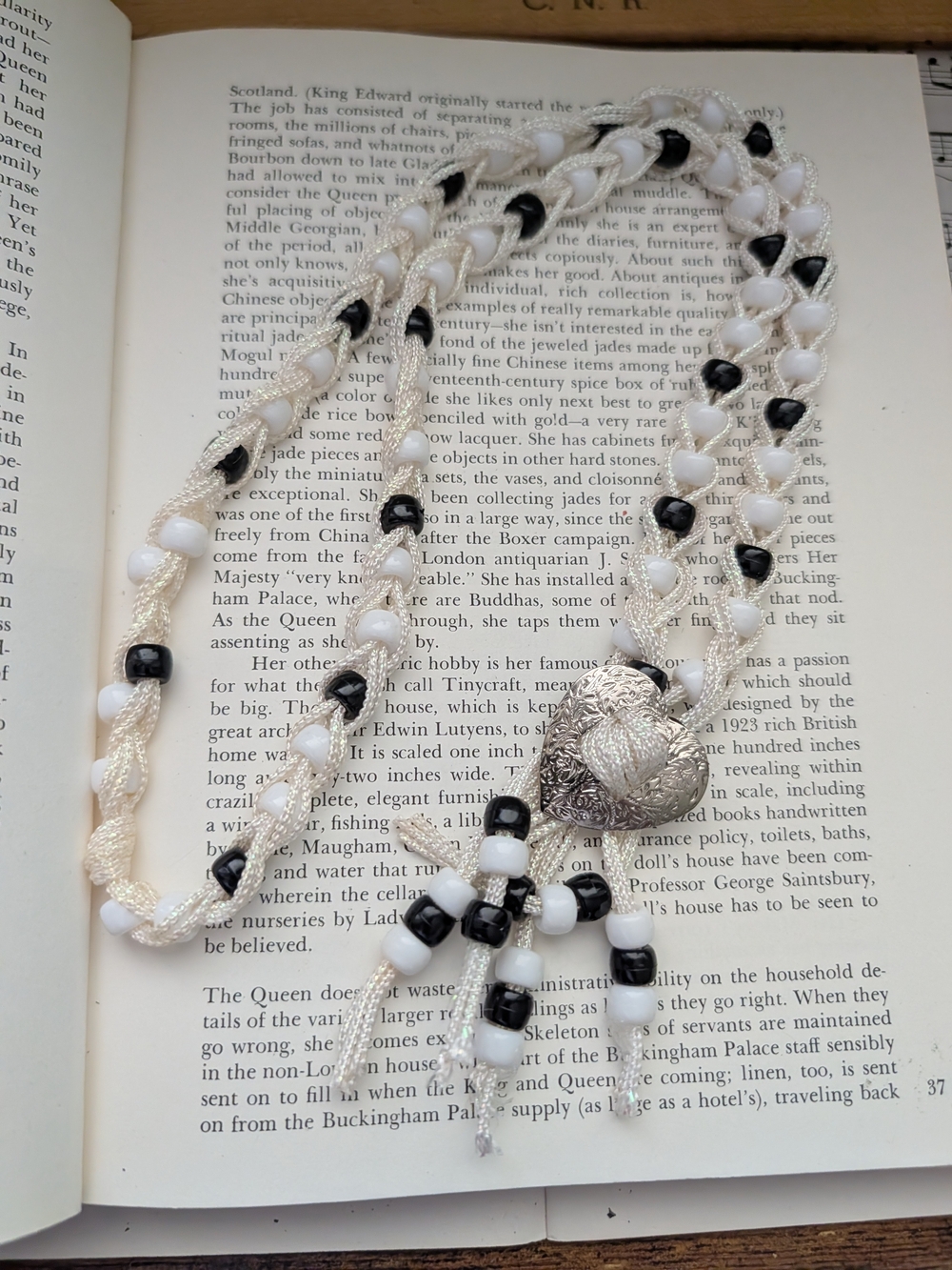 Handcrafted White and Black Beaded Women's Necklace with Silver Heart Pendant